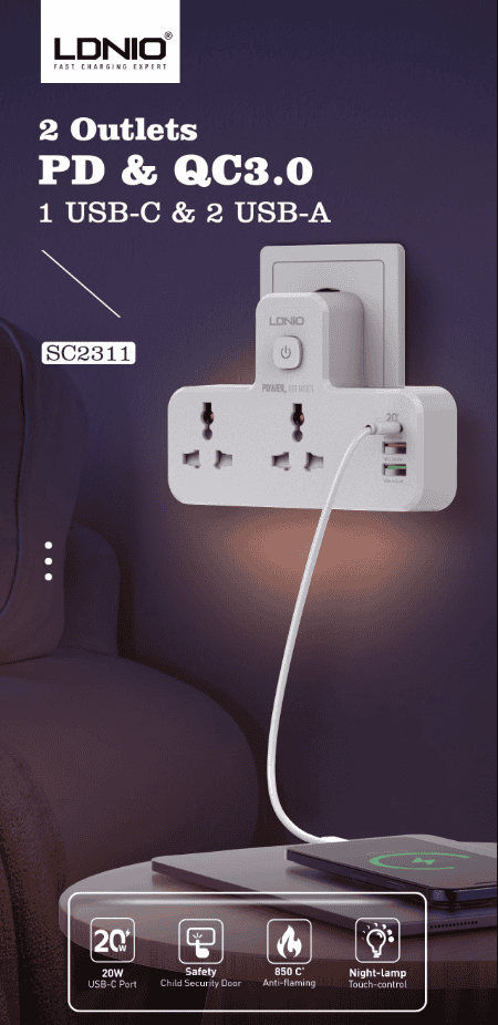 LDNIO SC2311 20W 3-Port USB Charger Extension Power Strip